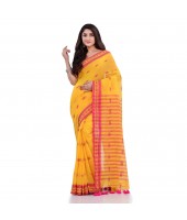 DESH BIDESH Women`s Traditional Bengali Tant Handloom Cotton Saree Galaxi Design With Blouse Piece(Yellow)